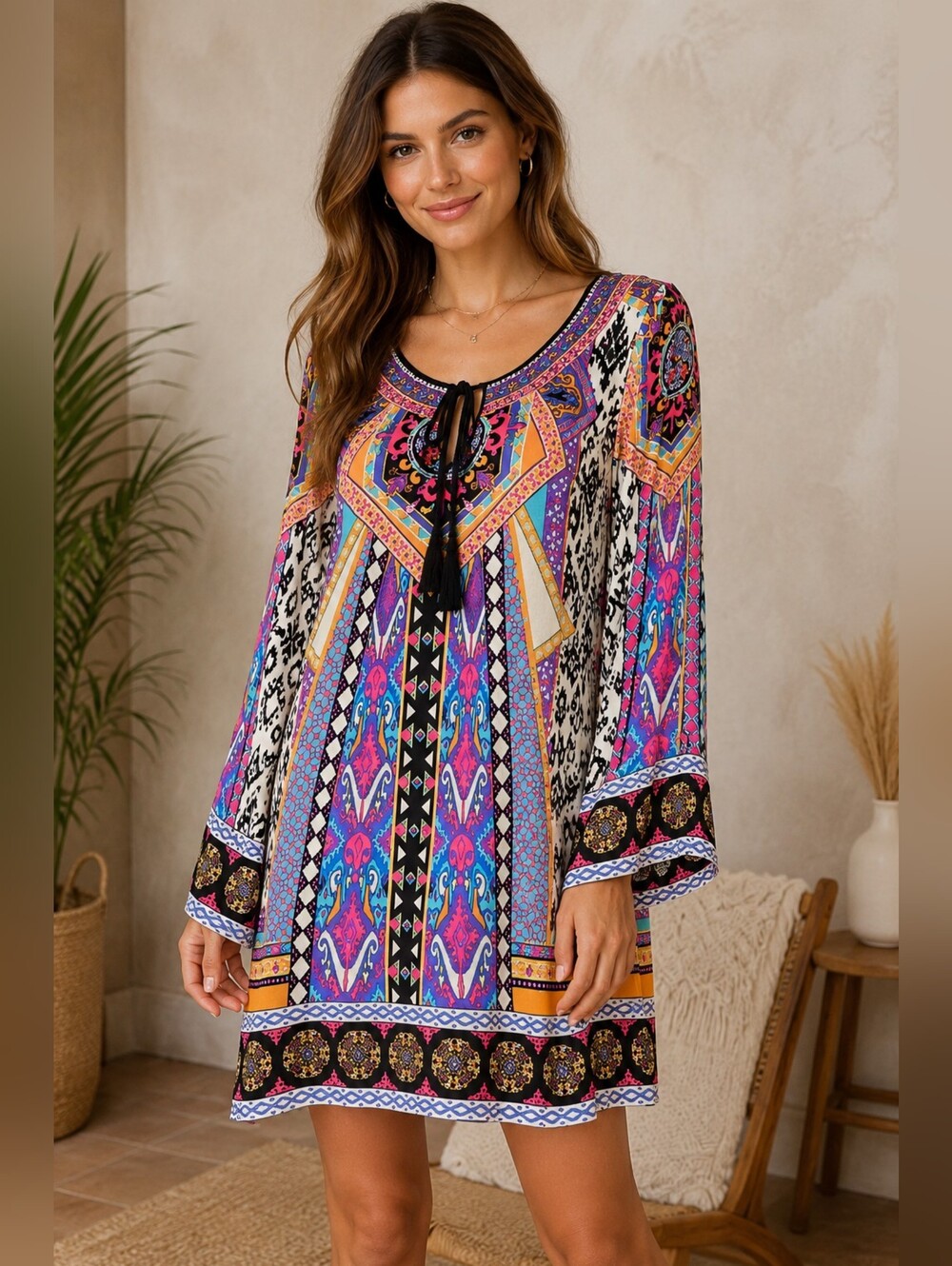 Flying Tomato Boho Tribal Print Tassel Shift Mini Dress Medium